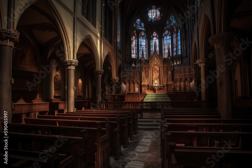 interior of a dark and epic church  with details such as flickering candlelight  faded frescoes  stained glass windows  and an imposing altar  to evoke a sense of mystery  grandeur - Generative AI