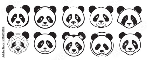 Set of logo panda portrait hand drawn sketch illustration, Wild animals
