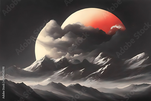 Sumi-e painting of snowing mountains with white sky and clouds near the mountains with a red sun, darkness masterpiece. Generative AI