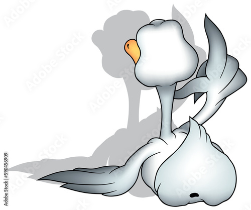 White Goose Pointing with His Wing Up from Rear View