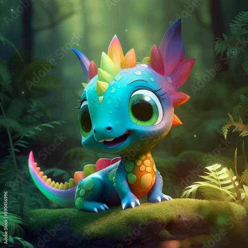 Super Cute little rainbow colored baby dragon in the forest. Multicolor Funny cartoon character monster with big eyes. Fantasy. 3D illustration.