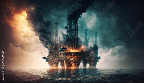 Devastating Oil Rig Fire in the Middle of the Sea: Offshore Platform Burning Catastrophe with Fire and Smoke Engulfing Construction © Syntetic Dreams