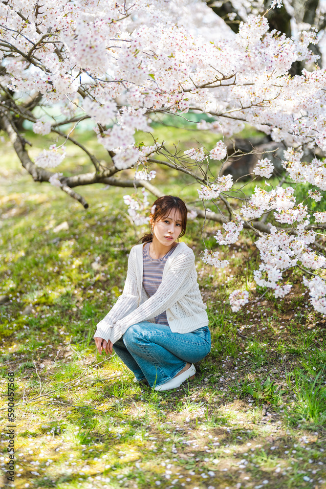 桜の花と女性 桜の花と女性