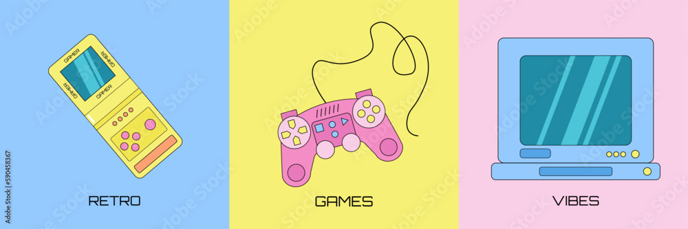 Set of three retro gaming elements, game console, gamepad and old fashioned computer monitor on a colorful background. Set of three retro gaming elements, game console, gamepad and old fashioned computer monitor on a colorful background.