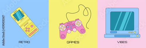 Set of three retro gaming elements, game console, gamepad and old fashioned computer monitor on a colorful background.