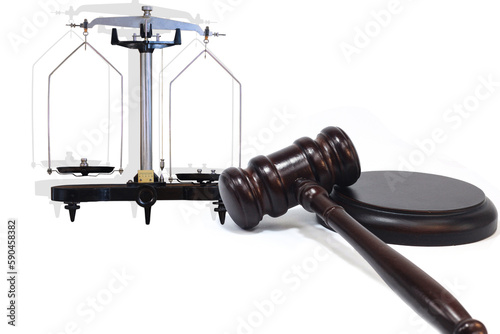 Judge's gavel and scales isolated on white background