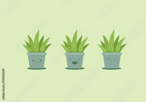 set of cute aloe vera plant in cement clay pot vector emoji illustration features smile, happy and sleeping expression face