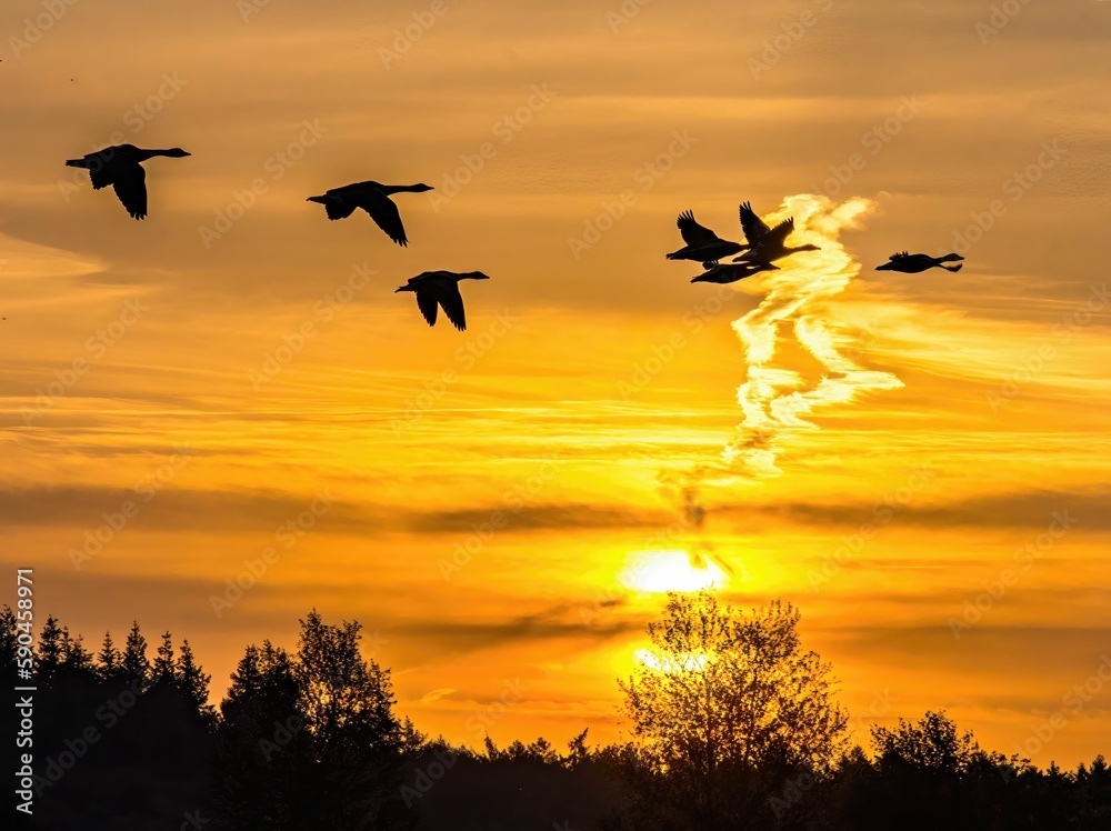 Silhouettes of forest and birds flying in the golden sunset sky