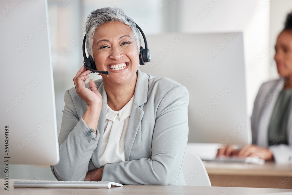 Call center, portrait and happy woman agent, consultant or indian worker in telemarketing service or technical support. Face of telecom, virtual communication or web help desk person on workspace PC Call center, portrait and happy woman agent, consultant or indian worker in telemarketing service or technical support. Face of telecom, virtual communication or web help desk person on workspace PC