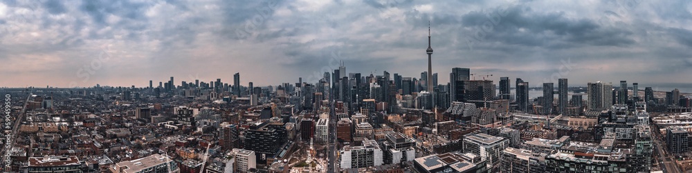 Aerial panoramic view of Toronto on a cloudy day