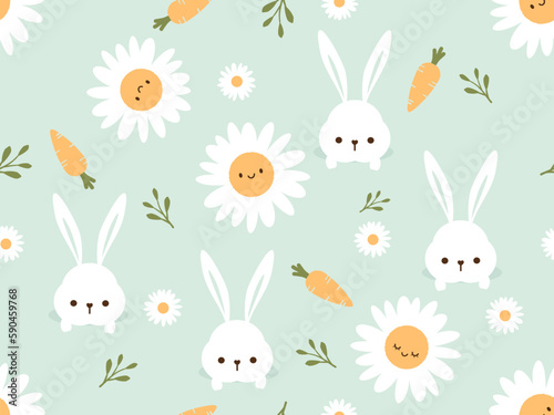 Seamless pattern with bunny rabbit in the hole, daisy flower cartoons on green grass background vector.