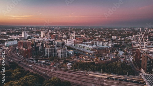 Aerial view of a cinematic sunset over the King's Cross in Granary Square, London