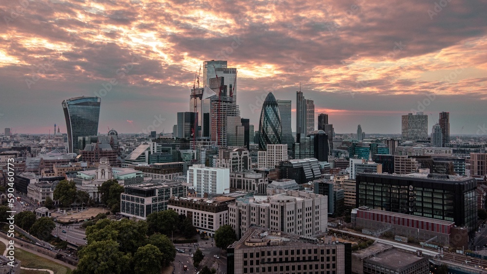 Aerial shot of the city of London at sunset