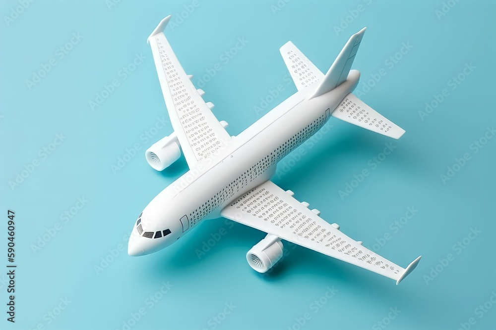 Trendy pattern made with one simple white passenger airliner and white clouds on bright light blue background, Minimal avia concept. ai generated. Trendy pattern made with one simple white passenger airliner and white clouds on bright light blue background, Minimal avia concept. ai generated.