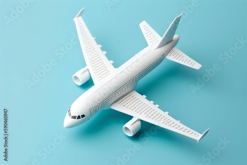 Trendy pattern made with one simple white passenger airliner and white clouds on bright light blue background, Minimal avia concept. ai generated.