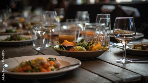 Close-up shots of plates of food or drinks on tables