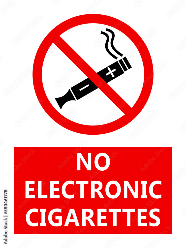 No electronic cigarettes, ban sign with symbol. Text below on red background. No electronic cigarettes, ban sign with symbol. Text below on red background.