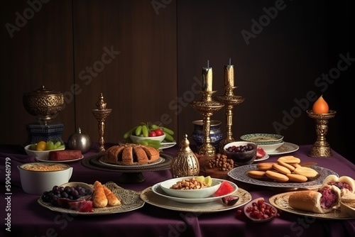 Arabic traditional festive food on a dark background. Arab religious holidays  Ramadan. Islam. Arab culture  religion  hospitality. generative ai