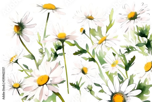 Chamomile flowers isolated on white background. Watercolor white chamomile painting on white background. Watercolor flowers background. Generative AI.