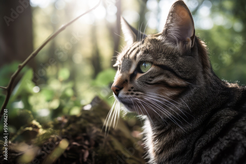 Stripped cat looks toward camerain the park. Portrait of a curious cat in nature, close up. Domastic cats outdoor. Generative AI. Funny cats. photo