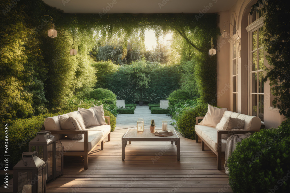 Luxury Living Outdoor Space Interior design of a lavish side outside garden at morning, generative AI