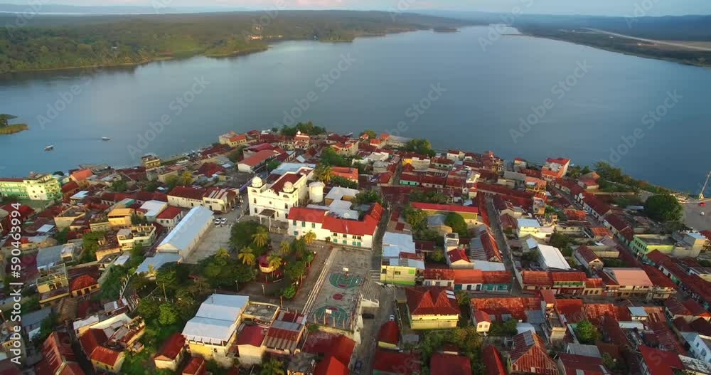 Beautiful Flores Island in Peten Guatemala. Sightseeing Place. Aerial View, Skyline. Drone Point Of View