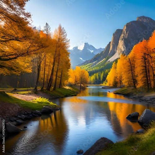 Autumn nature in day time with mountains and clear blue sky