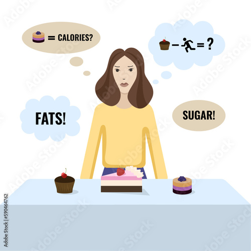 Diet mentality poster depicting girl who is choosing a dessert to eat. A young woman counting calories. 