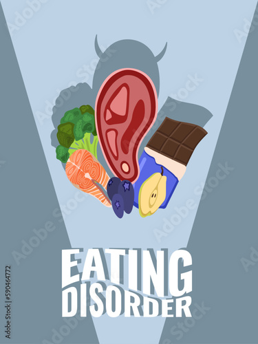 Eating disorder poster depicting different food and 'Eating disorder' inscription. Eating disorder poster with evil food.