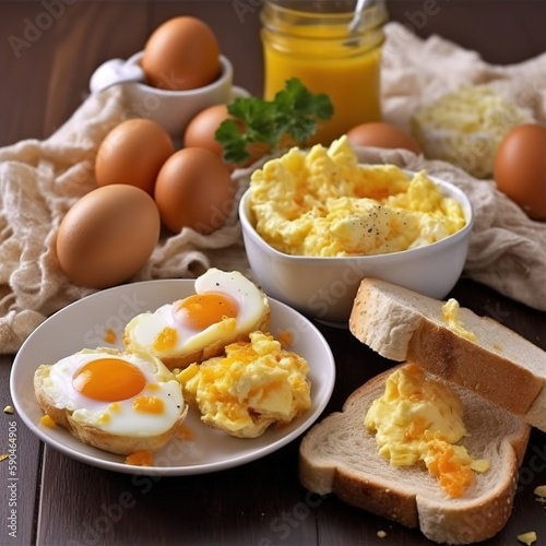 Egg breakfast, scrumbled eggs and sandwitches, Generative AI
