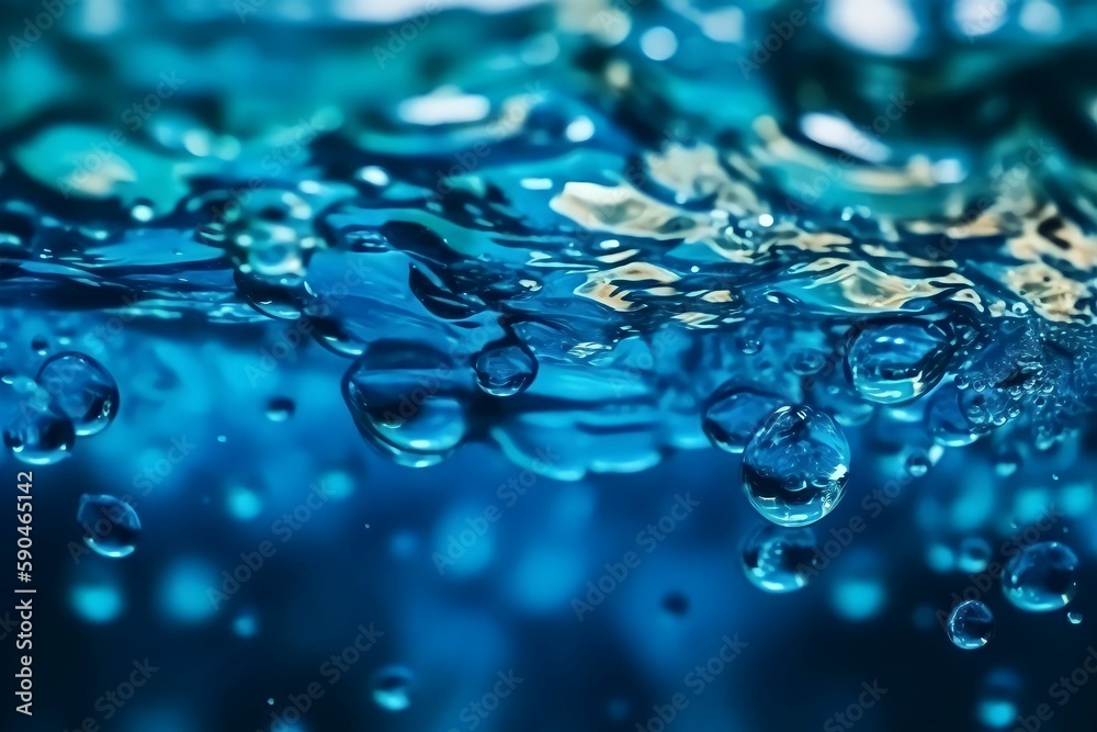 Trendy summer nature banner, top view, Defocused blue liquid colored clear water surface texture with splashes bubbles with copy space, Water waves in sunlight background. ai generated. Trendy summer nature banner, top view, Defocused blue liquid colored clear water surface texture with splashes bubbles with copy space, Water waves in sunlight background. ai generated.