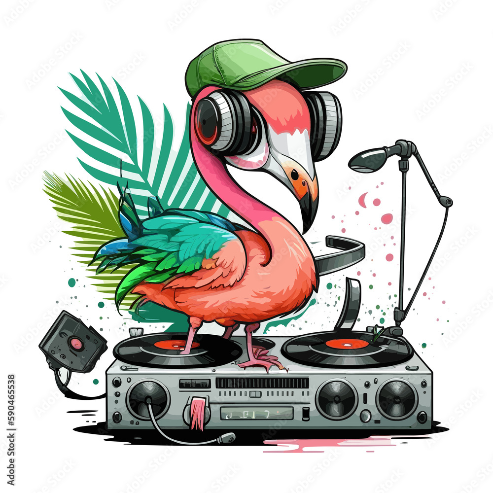 Groovy Pink Bird! Spin some tunes with this flamingo DJ - obrazy, fototapety, plakaty 