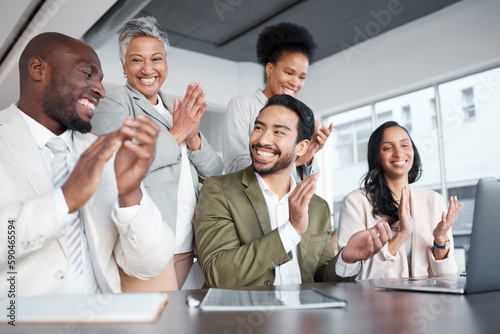 Business people, laptop and clapping hands in meeting for proposal, logo or reveal in office. Team, applause and corporate success by group celebrating achievement, project and job well done together