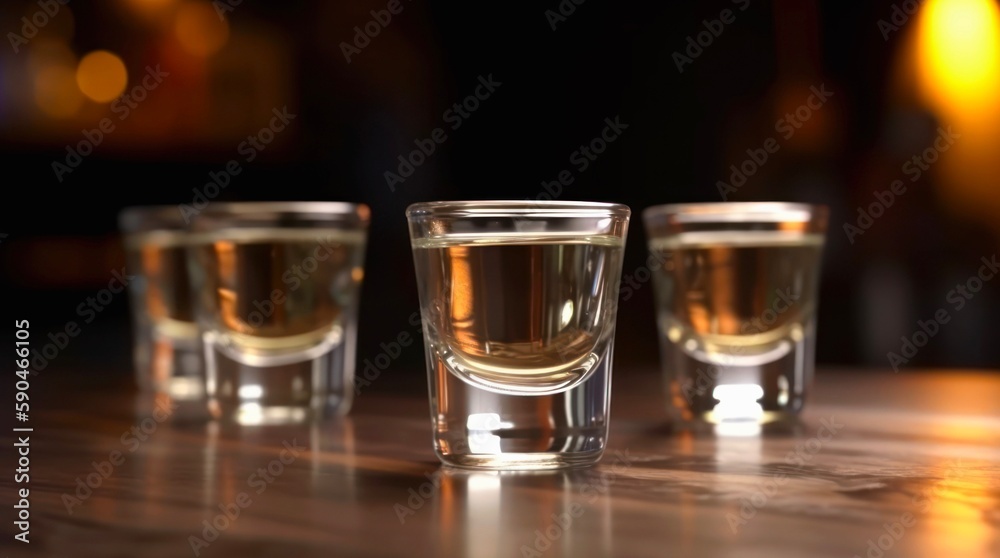 Shots of tequila on a table in front of abstract blurred background of bar. Generative AI. Shots of tequila on a table in front of abstract blurred background of bar. Generative AI.