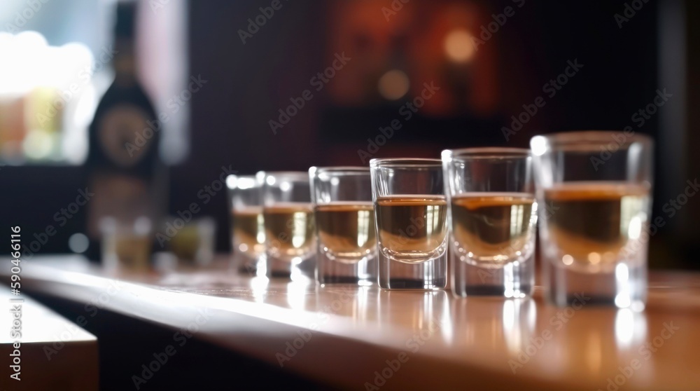 Shots of tequila on a table in front of abstract blurred background of bar. Generative AI.
