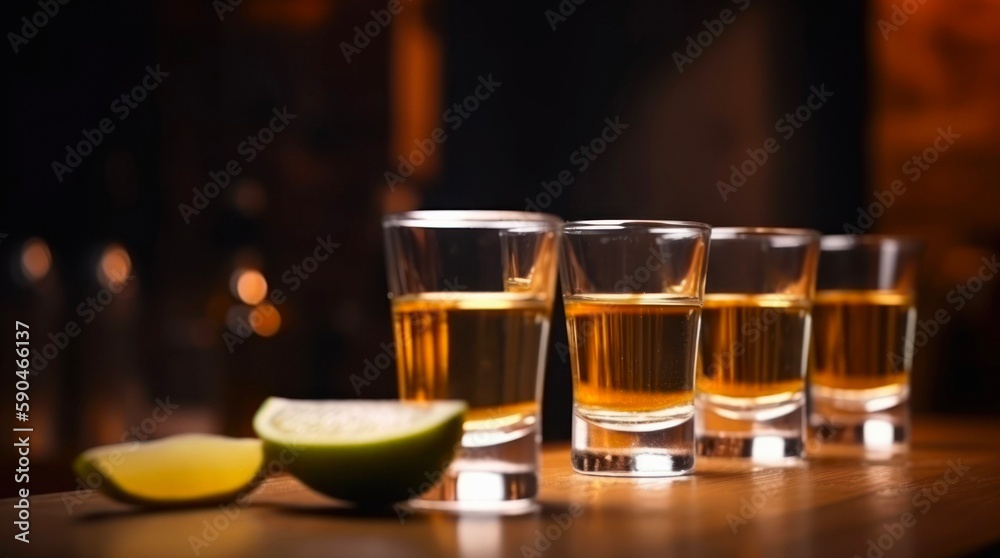 Shots of tequila and slices of lime are on a table in front of abstract blurred background of bar. Generative AI.