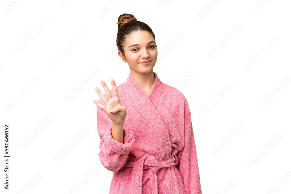 Teenager girl in a bathrobe over isolated chroma key background happy and counting four with fingers Teenager girl in a bathrobe over isolated chroma key background happy and counting four with fingers