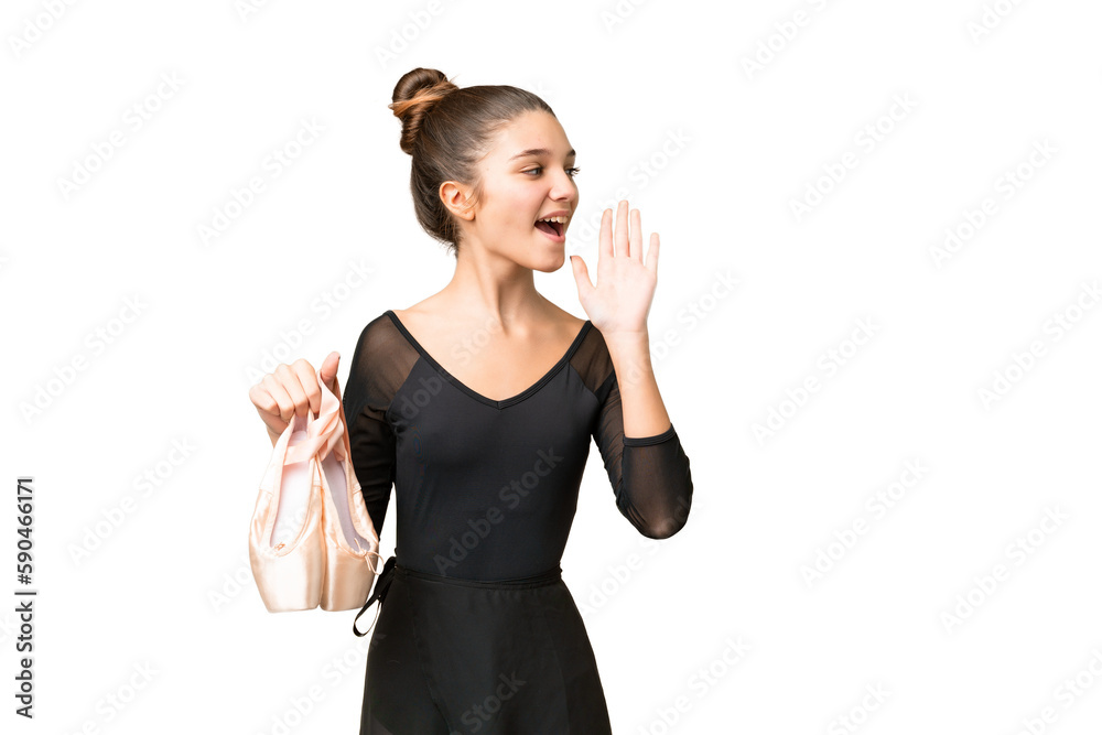 Teenager girl practicing ballet over isolated chroma key background shouting with mouth wide open to the side Teenager girl practicing ballet over isolated chroma key background shouting with mouth wide open to the side