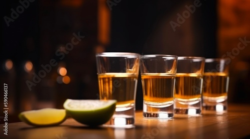 Shots of tequila and slices of lime are on a table in front of abstract blurred background of bar. Generative AI.