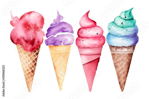 Ice cream in a waffle cones on a white background. Colorful watercolor sandae isolated on white background, Generative AI. Design element for food industry, menu items and banner background. photo