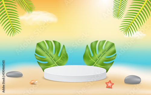 summer scene with 3d podium. beach background and leaves. used for business presentations of cosmetic and other products for sale in online stores. summer background with minimal concept