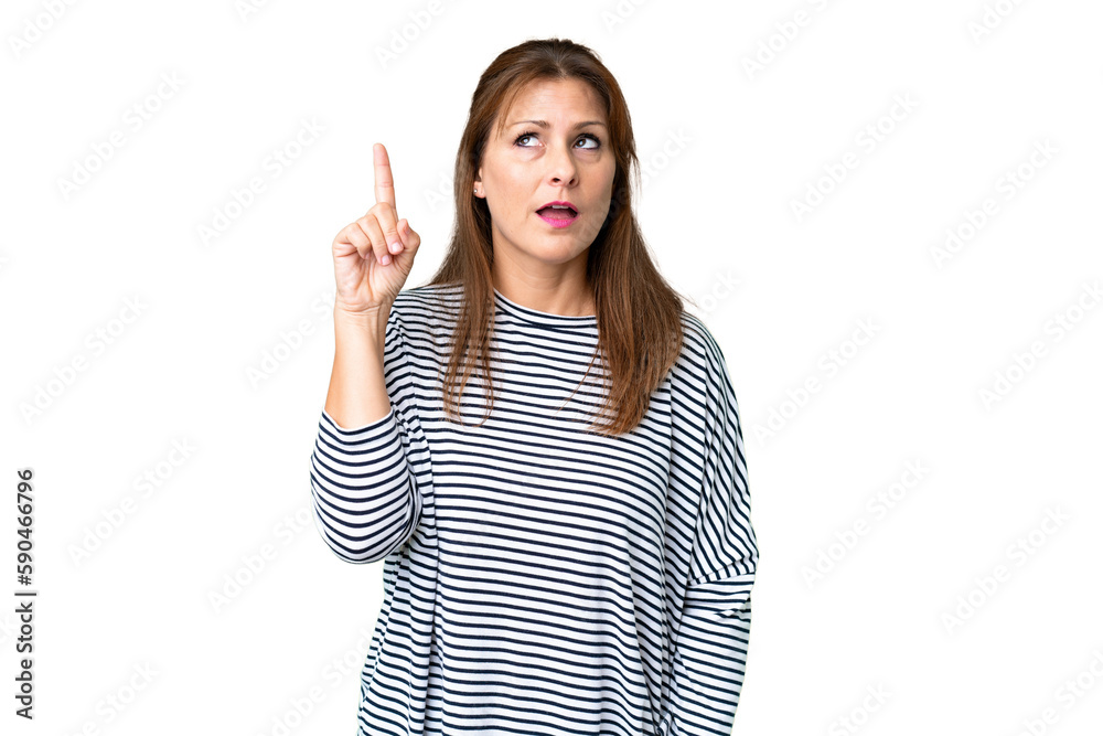 Middle age woman over isolated background intending to realizes the solution while lifting a finger up Middle age woman over isolated background intending to realizes the solution while lifting a finger up