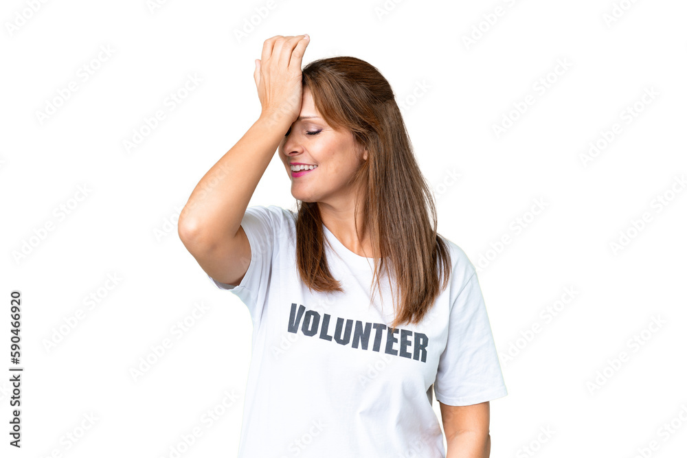 Middle age volunteer woman over isolated background has realized something and intending the solution Middle age volunteer woman over isolated background has realized something and intending the solution