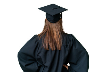 Middle age university graduate woman over isolated background in back position