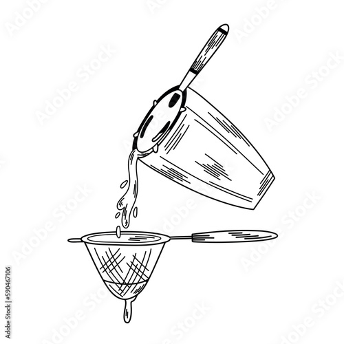 Illustration of straining a cocktail using shaker and strainer, bartender set