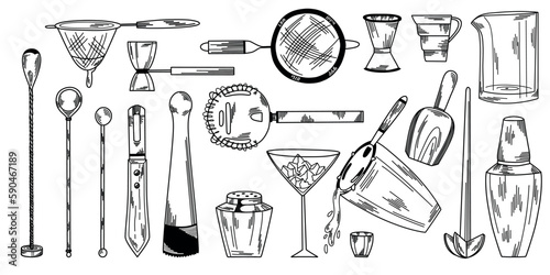 Big set of bar accessories, shakers, strainers, jigger, barspoon, mixing glass, line art style 