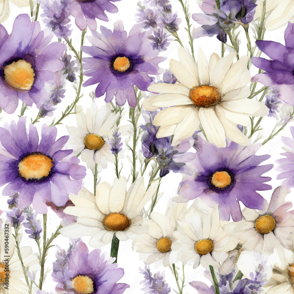 Fototapeta premium Floral seamless pattern of white chamomile daisy flowers. Pastel colors - purple, yellow, AI generated watercolor illustration digital art. Fabric print, decoration, wall art, printable. AI image