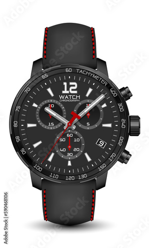 Realistic watch clock chronograph black steel leather strap dark grey red arrow on white design classic luxury vector