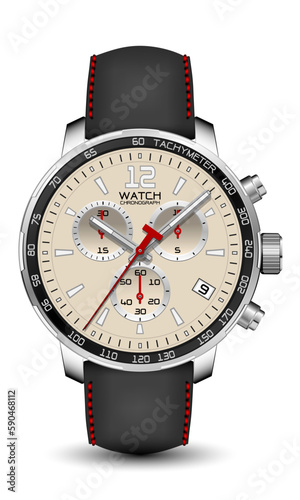 Realistic watch clock chronograph silver leather strap black red arrow on white design classic luxury vector