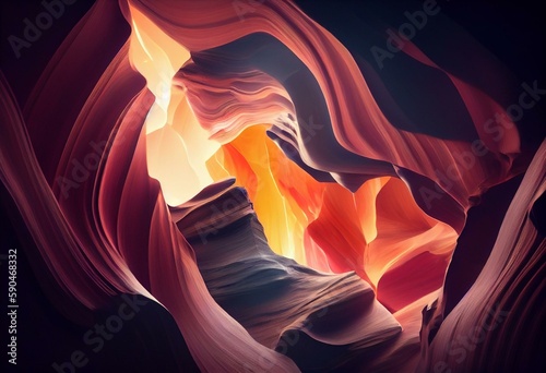 Beautiful Antelope Canyon, smooth lines, ray of lights, colorful wall, smooth shadows, nature background, digital illustration, digital painting, cg artwork, realistic illustration, 3d. Generative AI